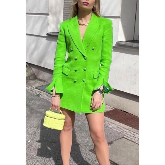 Zara Jackets & Blazers - Zara Neon Green Double-Breasted Blazer Dress